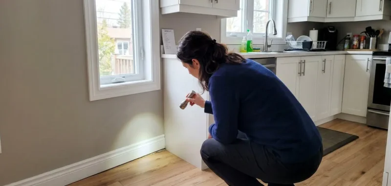 Propriétaire accroupi examinant avec une lampe de poche le coin d'une plinthe dans une cuisine résidentielle québécoise moderne