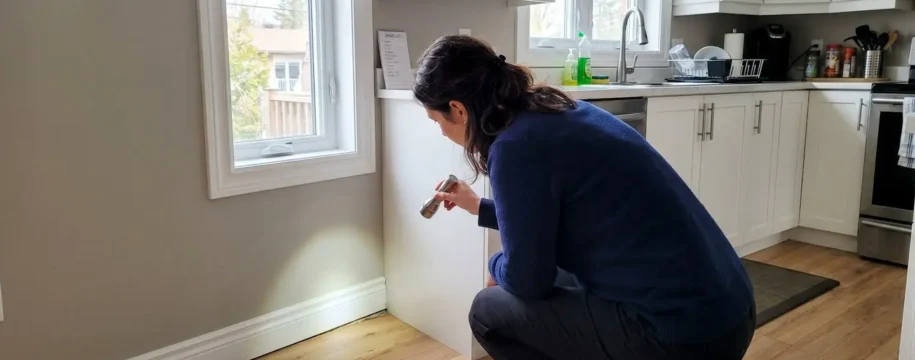 Propriétaire accroupi examinant avec une lampe de poche le coin d'une plinthe dans une cuisine résidentielle québécoise moderne