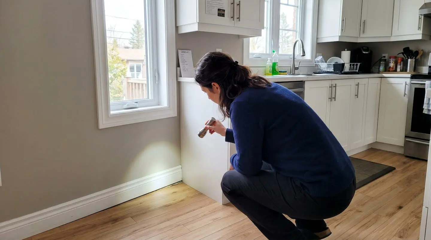 Propriétaire accroupi examinant avec une lampe de poche le coin d'une plinthe dans une cuisine résidentielle québécoise moderne