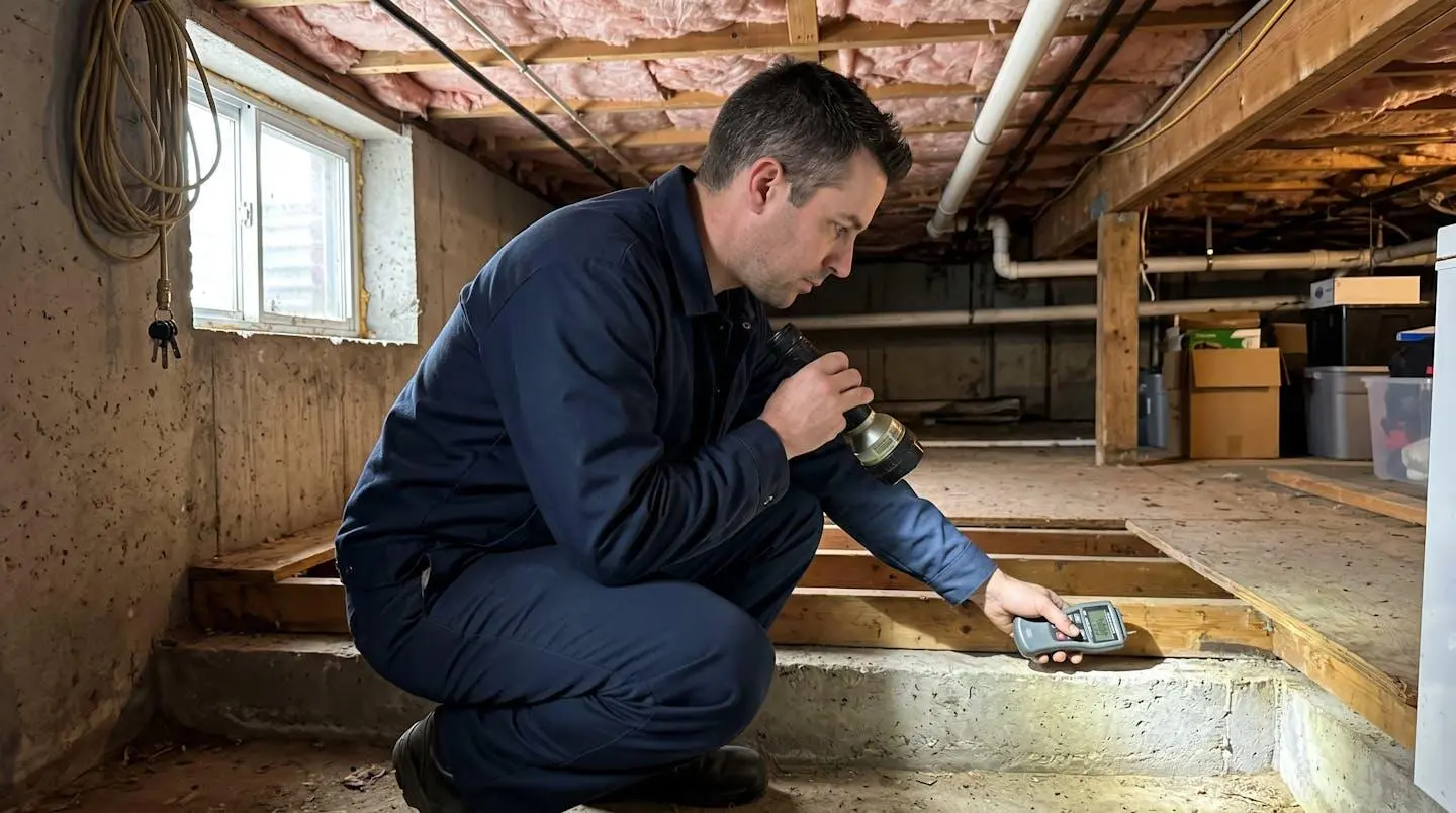 Technicien en extermination de profil inspectant un vide sanitaire résidentiel avec lampe professionnelle et hygromètre