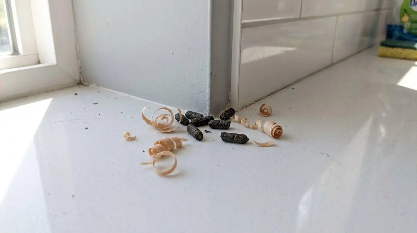 Petites crottes sombres et sciure de bois fine sur un comptoir de cuisine blanc près d'un coin de mur