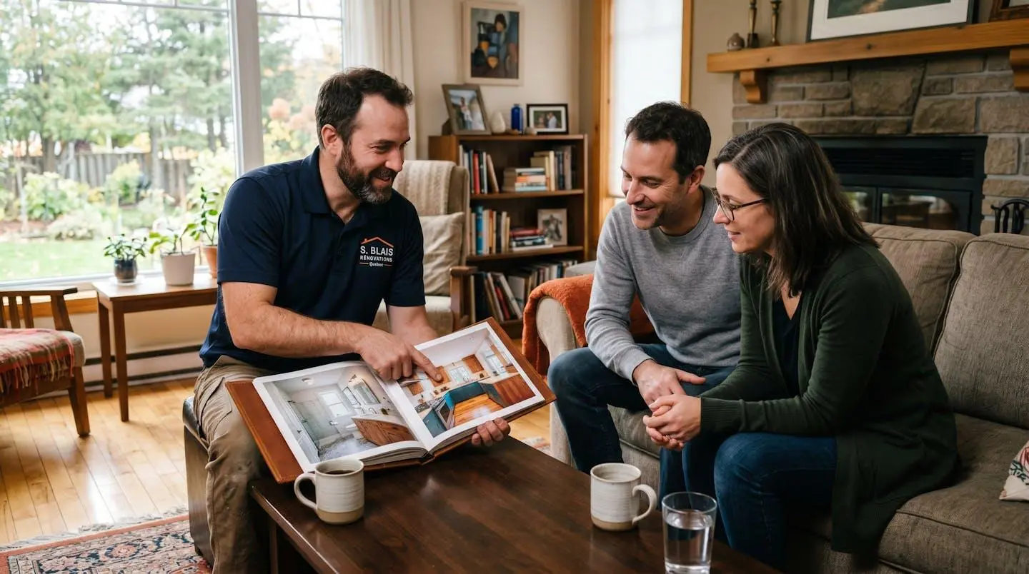 Artisan québécois montrant des photos de chantiers réalisés à un propriétaire lors d'une rencontre de sélection