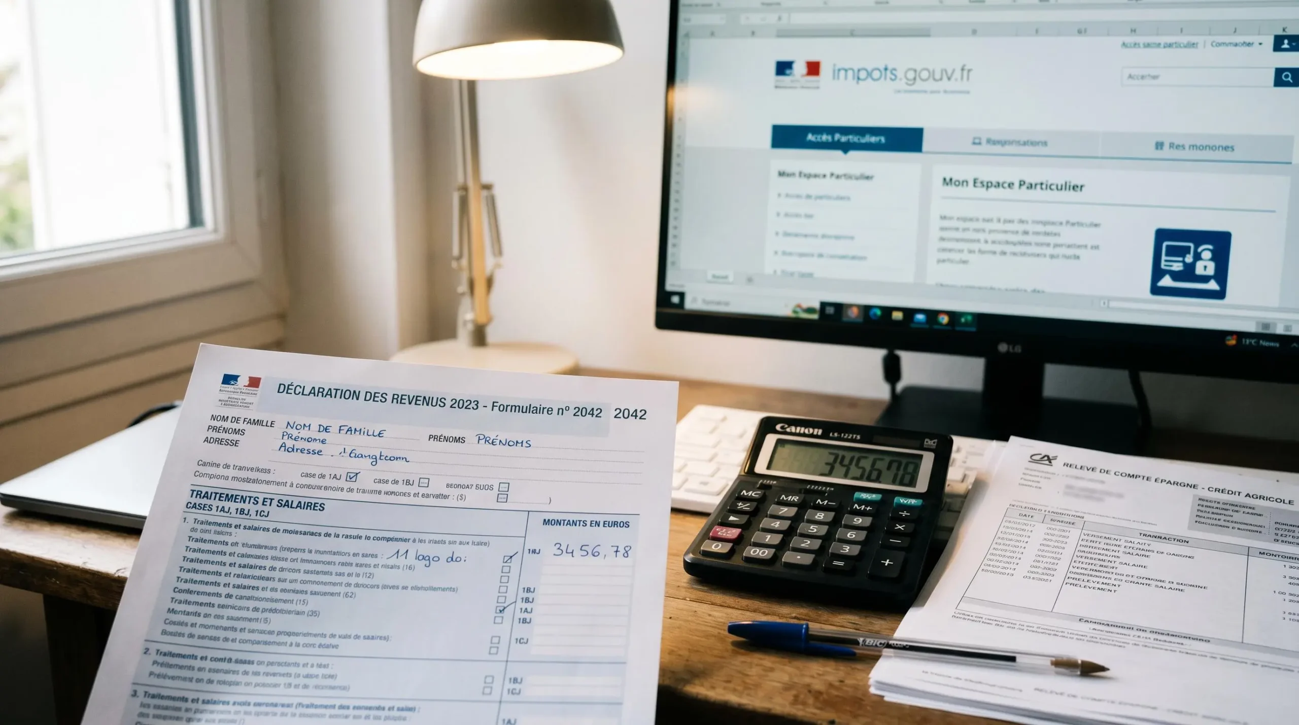 Bureau avec formulaire de déclaration fiscale française, calculatrice et relevés d'épargne, écran d'ordinateur affichant simulation fiscale en arrière-plan