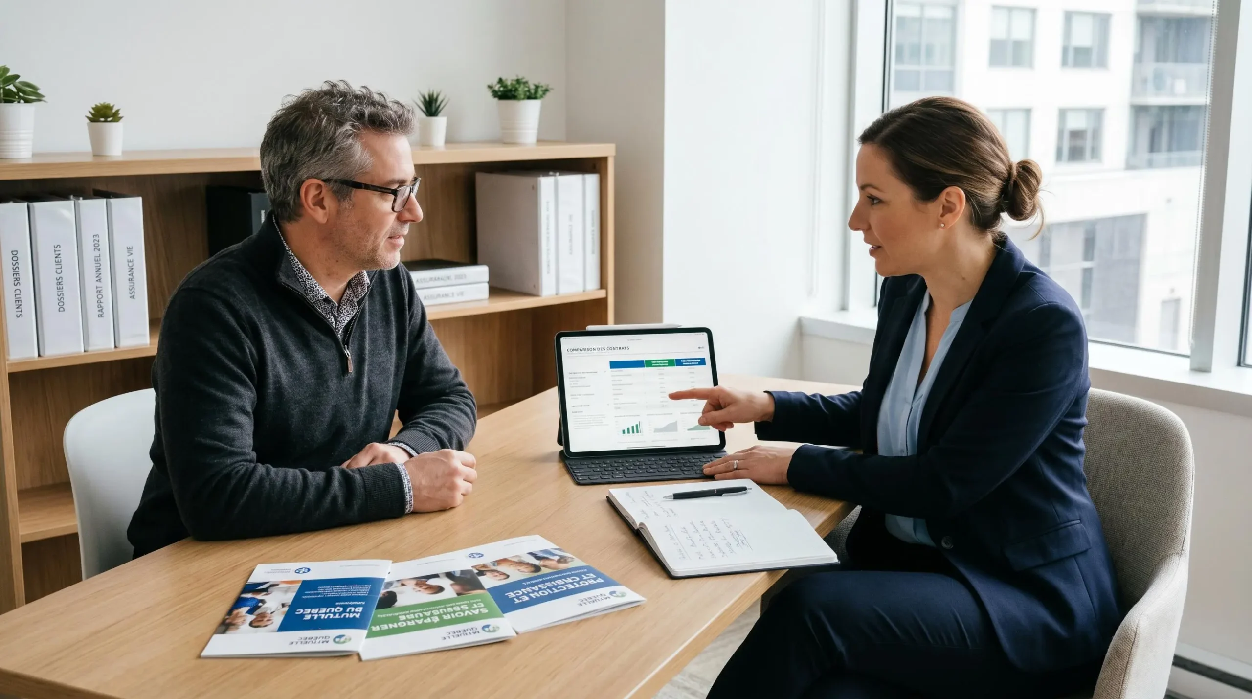Conseiller financier présentant un comparatif de contrats d'épargne à un client lors d'un rendez-vous en agence mutualiste