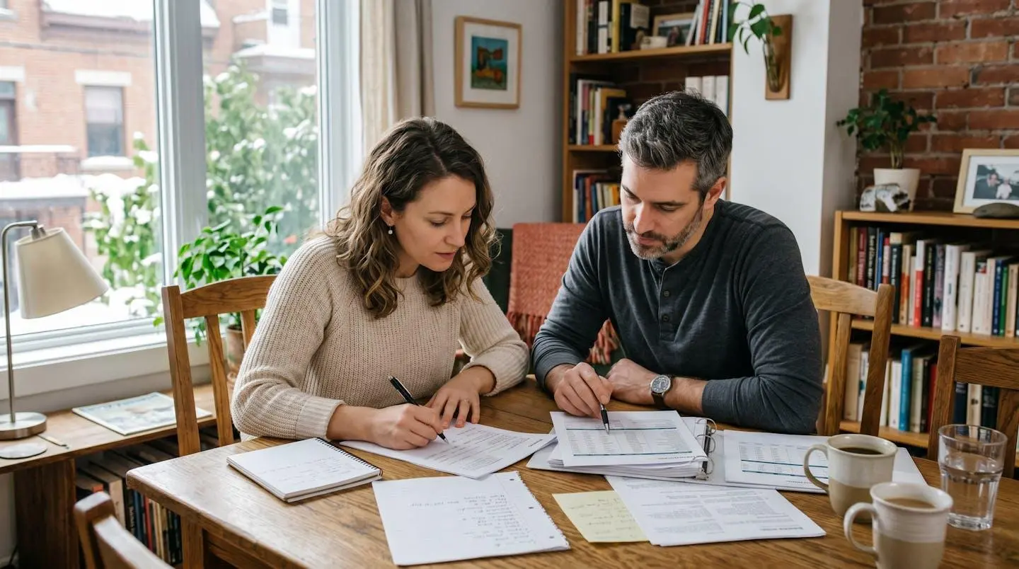 Couple de propriétaires montréalais comparant plusieurs devis de rénovation posés sur une table de salle à manger