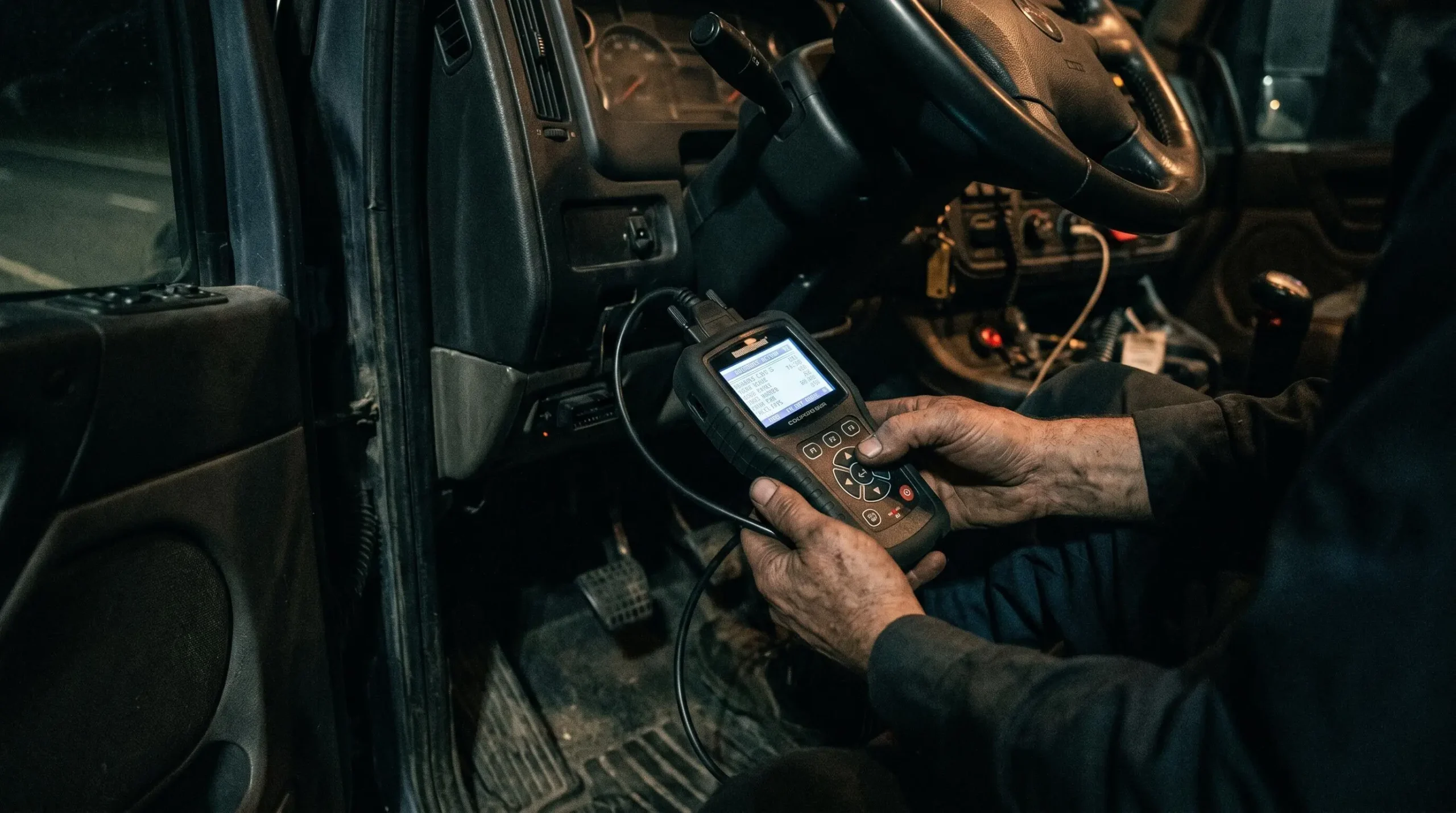 Mécanicien utilisant un outil de diagnostic électronique dans la cabine d'un camion lourd en pleine nuit