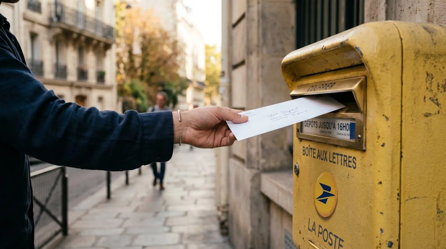 Personne déposant une enveloppe dans une boîte aux lettres jaune, geste symbolisant l'envoi d'une mise en demeure