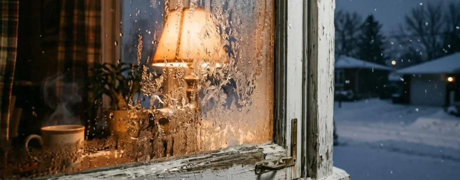 Fenêtre d'une maison québécoise couverte de givre en hiver, illustrant les pertes de chaleur par les fermetures