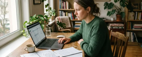 Freelance concentré devant son écran, entouré de documents de facturation, cherchant une solution à un impayé
