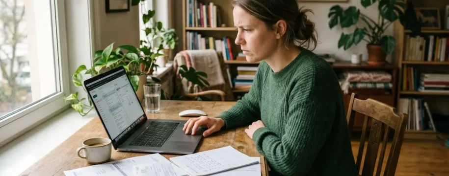 Freelance concentré devant son écran, entouré de documents de facturation, cherchant une solution à un impayé