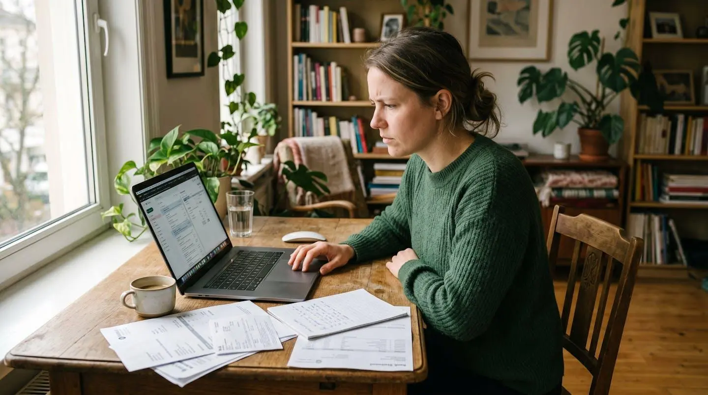 Freelance concentré devant son écran, entouré de documents de facturation, cherchant une solution à un impayé