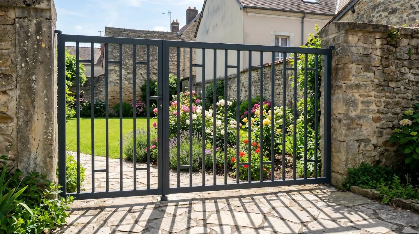 Portillon aluminium ajouré anthracite dans jardin de ville, laissant voir massif fleuri à travers barreaux et créant jeu d'ombres sur dallage