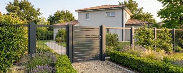 Portillon aluminium anthracite semi-ajouré à lames horizontales installé dans allée gravillonnée d'une maison contemporaine française, avec clôture rigide assortie et végétation paysagée