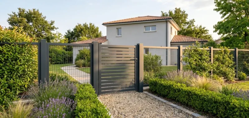 Portillon aluminium anthracite semi-ajouré à lames horizontales installé dans allée gravillonnée d'une maison contemporaine française, avec clôture rigide assortie et végétation paysagée