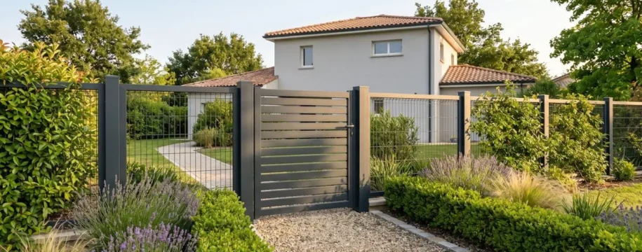 Portillon aluminium anthracite semi-ajouré à lames horizontales installé dans allée gravillonnée d'une maison contemporaine française, avec clôture rigide assortie et végétation paysagée