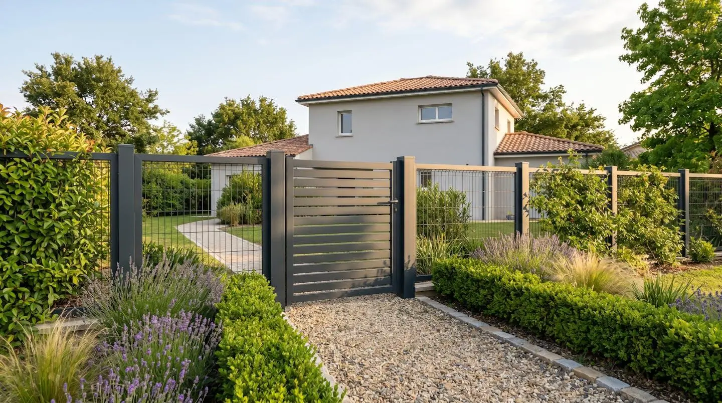 Portillon aluminium anthracite semi-ajouré à lames horizontales installé dans allée gravillonnée d'une maison contemporaine française, avec clôture rigide assortie et végétation paysagée