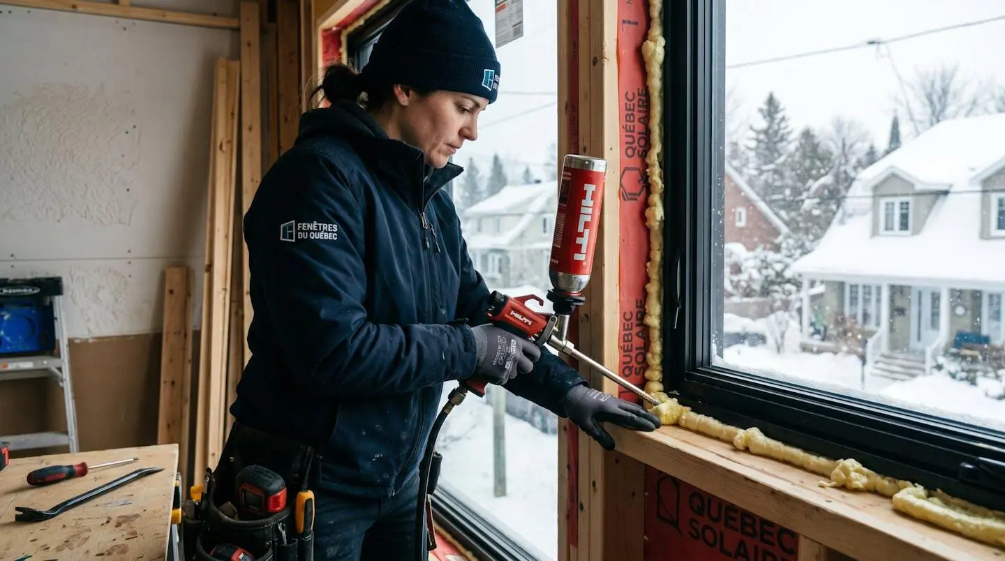 Technicien installant une fenêtre haute performance avec isolation périphérique dans une maison québécoise