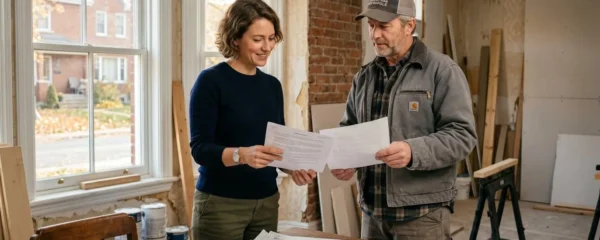 Propriétaire québécois discutant des plans de rénovation avec un entrepreneur sur un chantier résidentiel