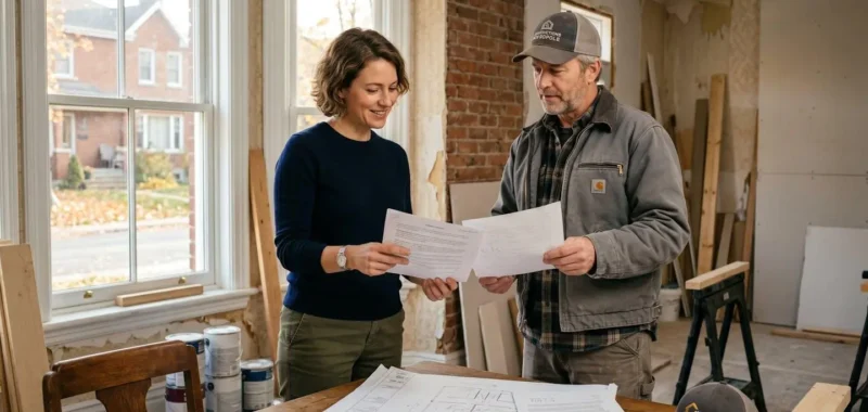 Propriétaire québécois discutant des plans de rénovation avec un entrepreneur sur un chantier résidentiel