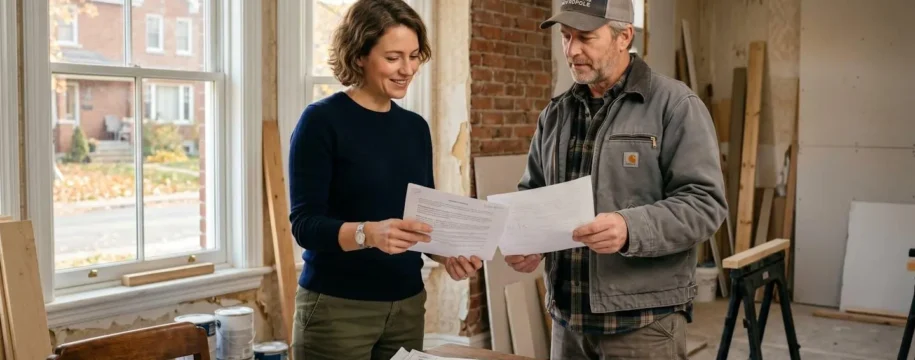 Propriétaire québécois discutant des plans de rénovation avec un entrepreneur sur un chantier résidentiel