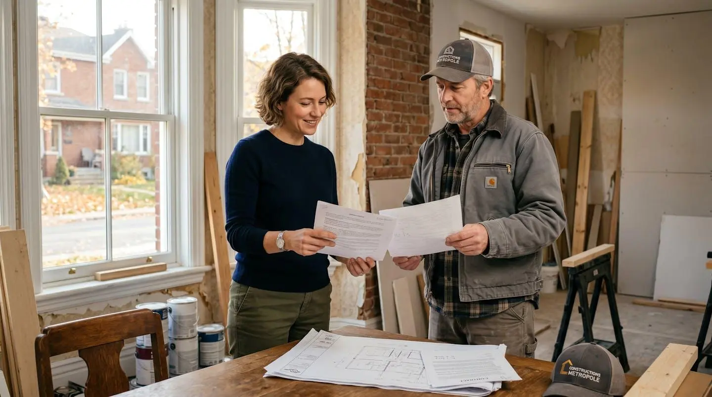 Propriétaire québécois discutant des plans de rénovation avec un entrepreneur sur un chantier résidentiel