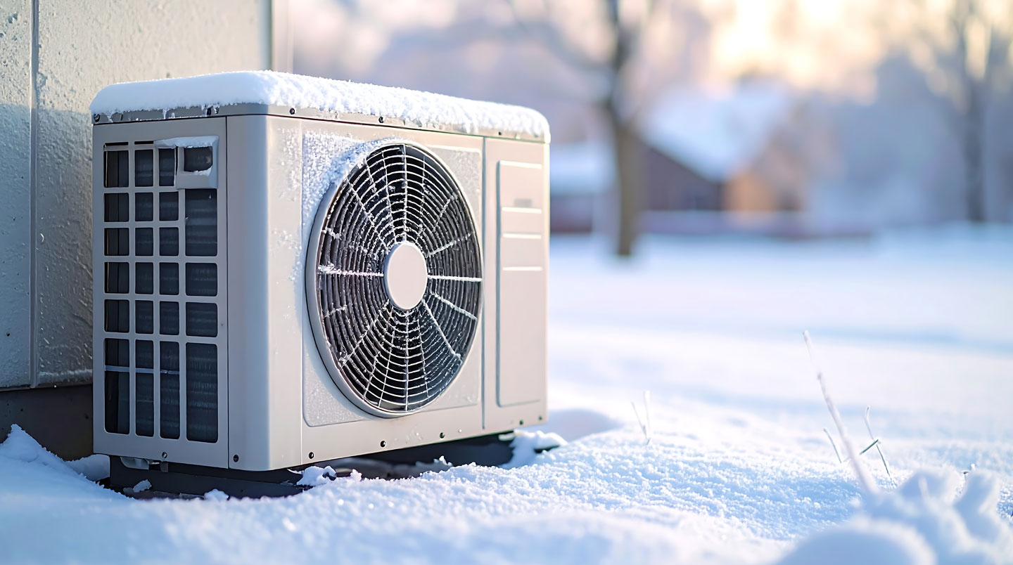 Thermopompe moderne en fonctionnement par grand froid québécois, vapeur visible démontrant son efficacité même à -25°C