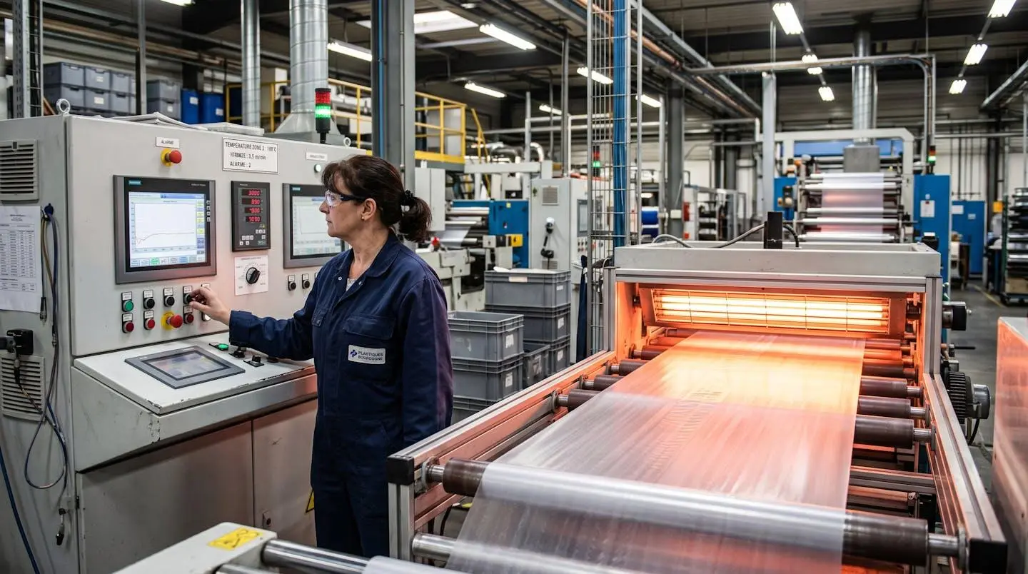 Atelier de plasturgie avec traitement thermique infrarouge de feuilles PVC, opérateur contrôlant les paramètres de gélification