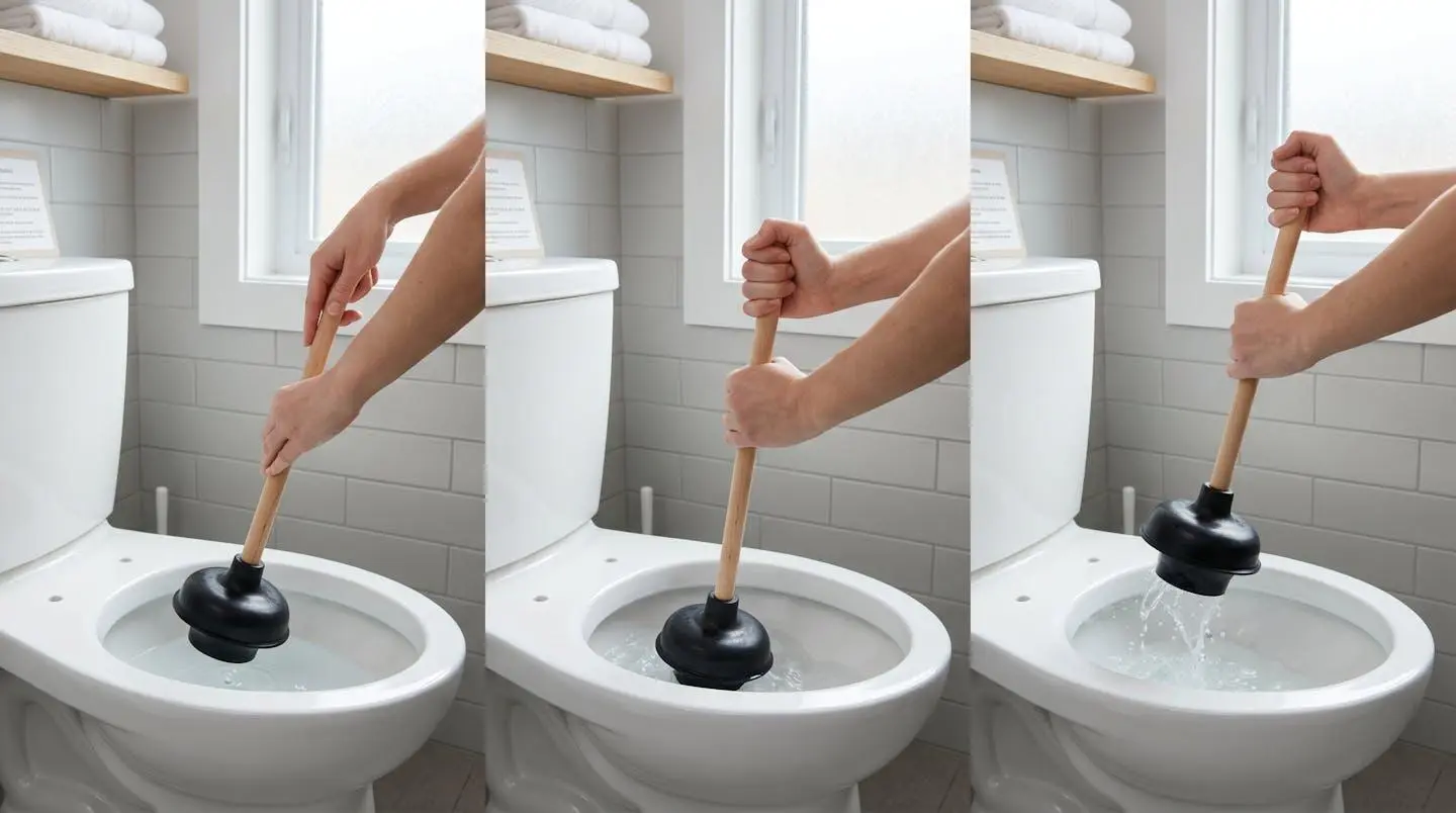 Démonstration de la technique correcte d'utilisation d'une ventouse de toilette avec angle à 45 degrés et mouvement de va-et-vient contrôlé