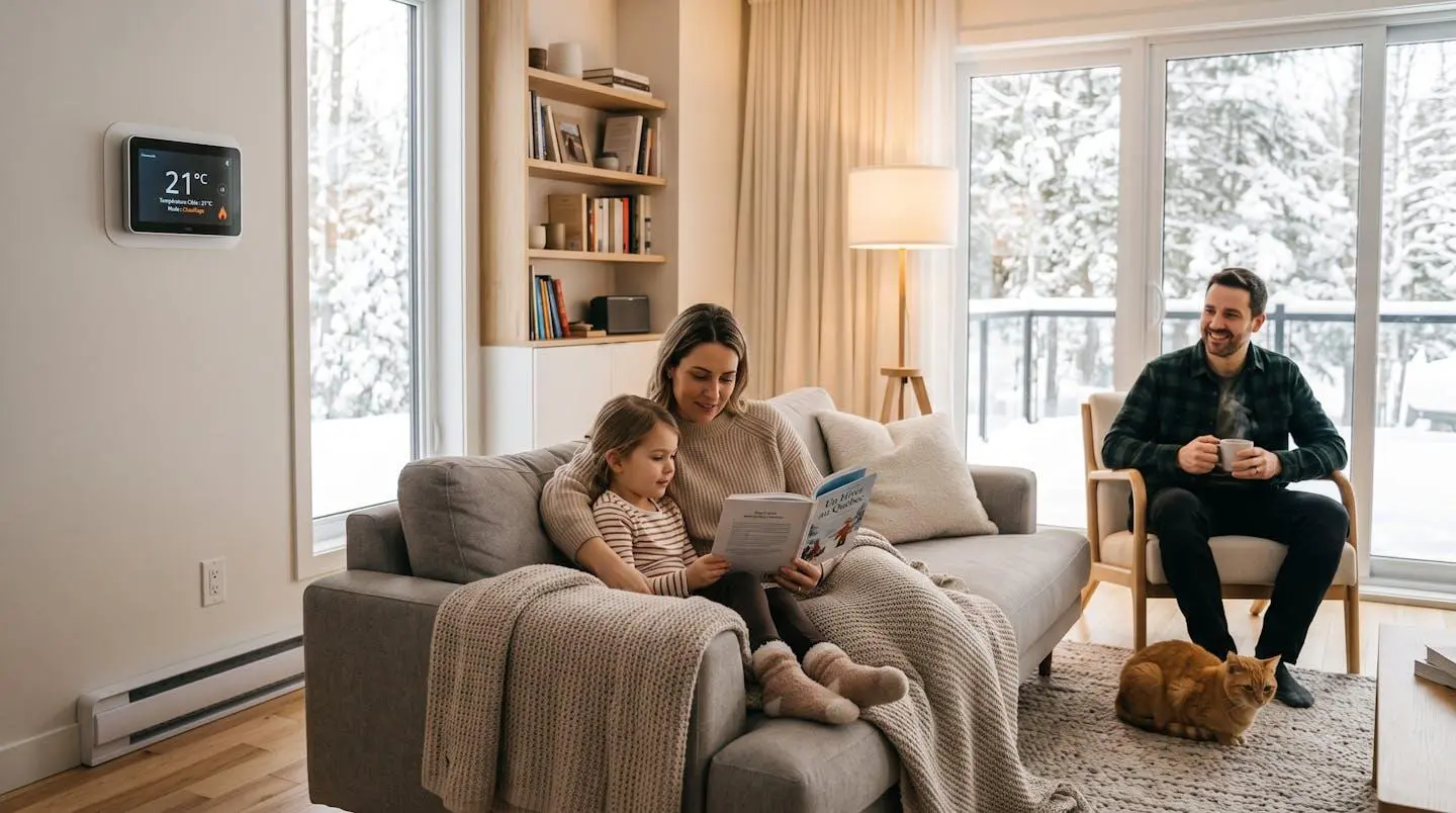 Famille détendue dans salon confortablement chauffé avec thermostat intelligent programmable, démontrant le confort d'un système modernisé