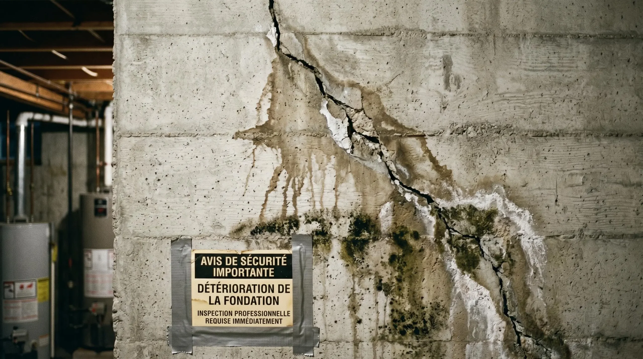 Gros plan sur une fissure importante dans une fondation de béton avec traces d'infiltration d'eau dans un sous-sol résidentiel québécois