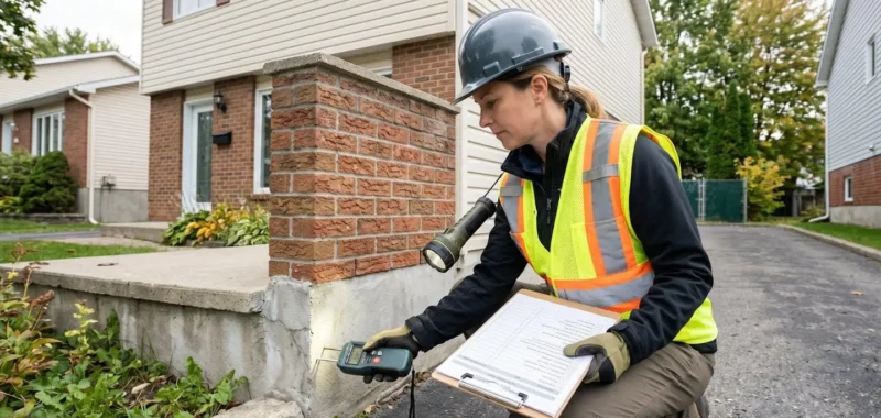 Inspecteur en bâtiment certifié examinant les fondations extérieures d'une maison unifamiliale québécoise avec équipement professionnel lors d'une inspection bilan de santé