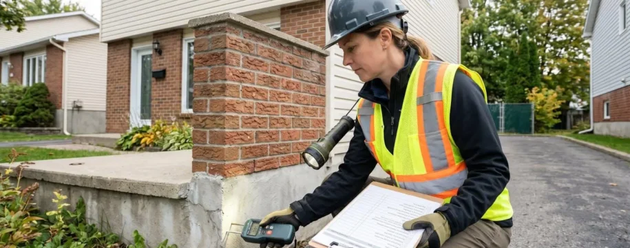 Inspecteur en bâtiment certifié examinant les fondations extérieures d'une maison unifamiliale québécoise avec équipement professionnel lors d'une inspection bilan de santé