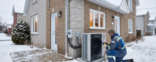 Installation professionnelle d'une thermopompe centrale moderne à l'extérieur d'une maison résidentielle québécoise en hiver, technicien certifié effectuant la mise en service