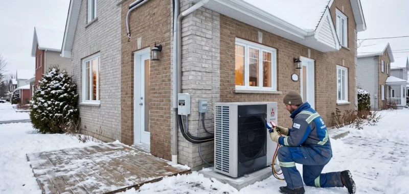 Installation professionnelle d'une thermopompe centrale moderne à l'extérieur d'une maison résidentielle québécoise en hiver, technicien certifié effectuant la mise en service