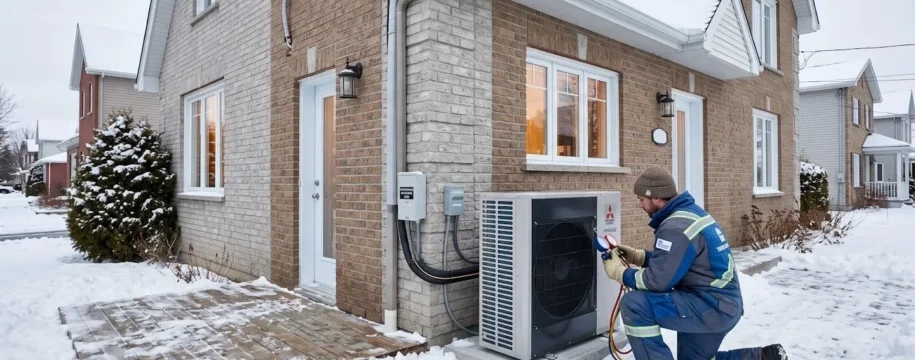 Installation professionnelle d'une thermopompe centrale moderne à l'extérieur d'une maison résidentielle québécoise en hiver, technicien certifié effectuant la mise en service