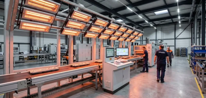 Ligne de production industrielle moderne équipée d'un système de chauffage infrarouge avec émetteurs pixelisés visibles au-dessus du convoyeur