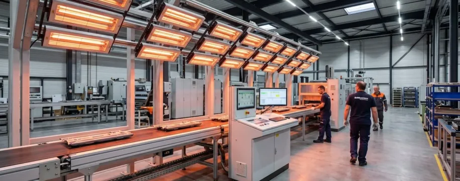 Ligne de production industrielle moderne équipée d'un système de chauffage infrarouge avec émetteurs pixelisés visibles au-dessus du convoyeur