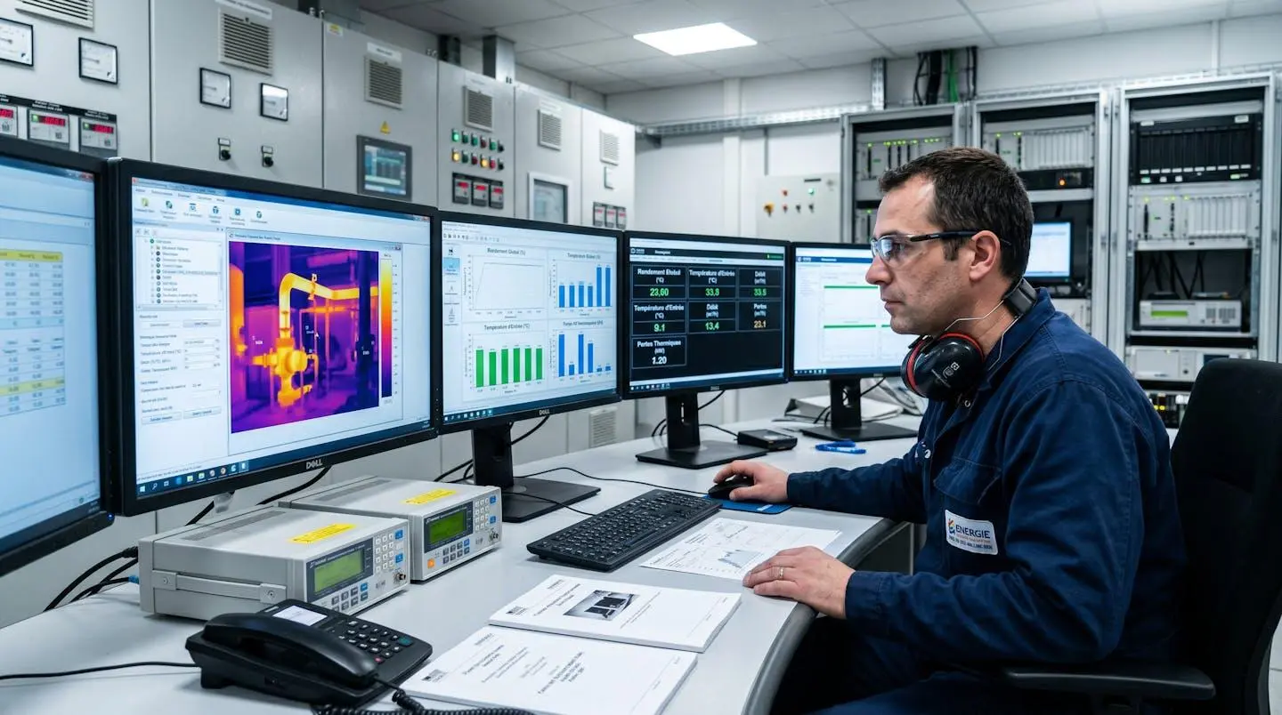 Salle de contrôle industrielle avec écrans de monitoring énergétique et technicien analysant les performances d'un système infrarouge
