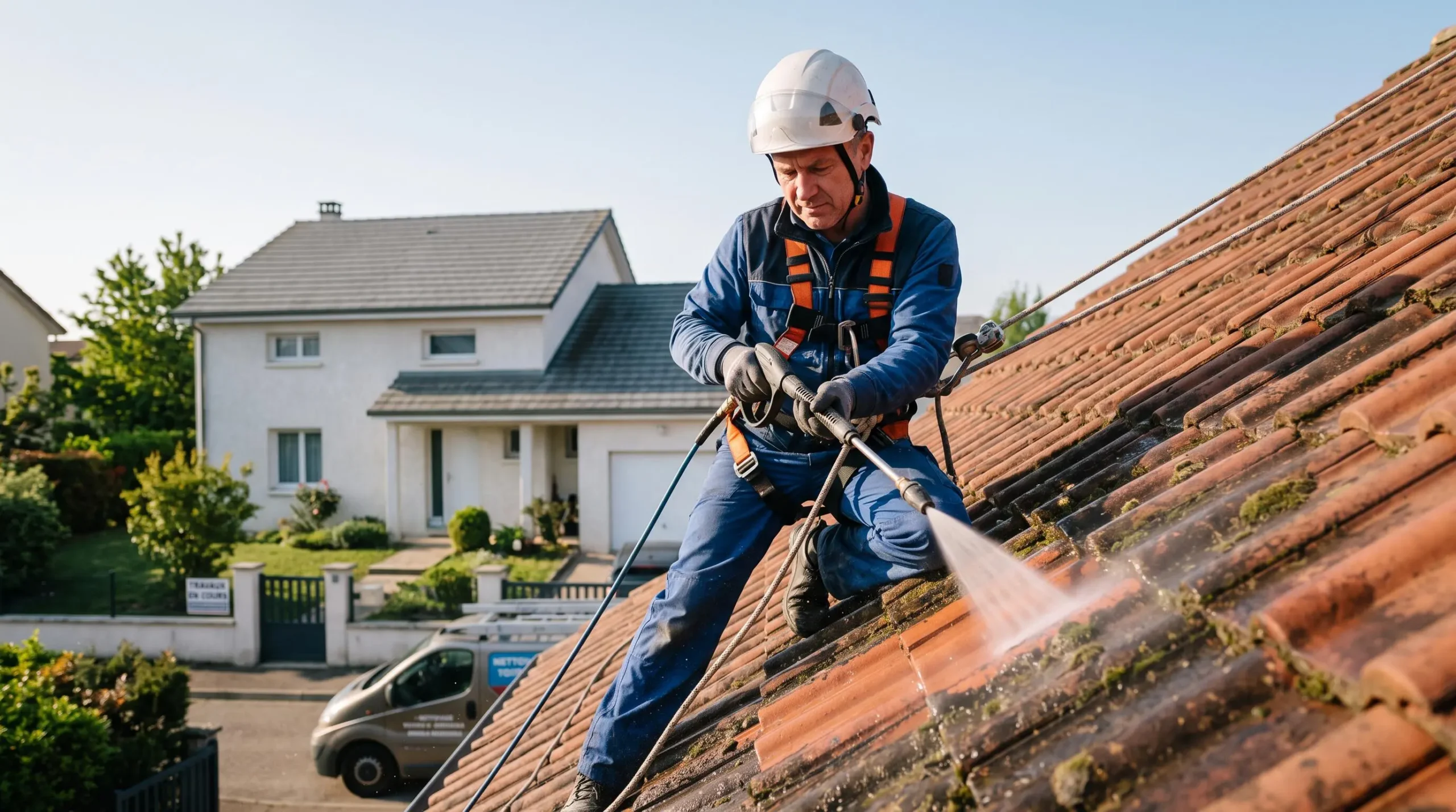 Technicien couvreur équipé d'un harnais de sécurité orange et d'un casque blanc, nettoyant une toiture en pente avec une lance basse pression, regard concentré sur la zone de travail, sur un chantier résidentiel français.