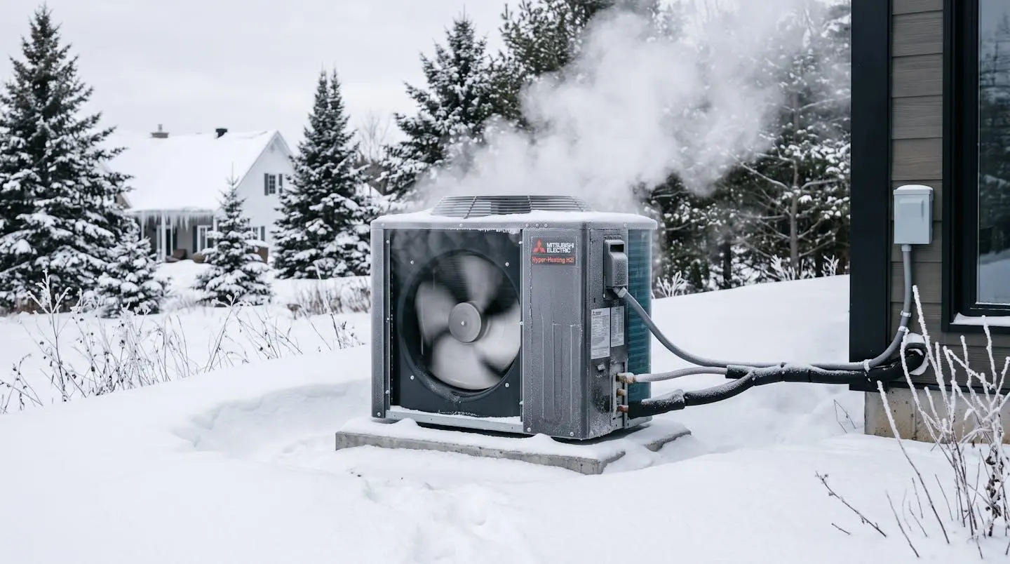 Thermopompe moderne en fonctionnement par grand froid québécois, vapeur visible démontrant son efficacité même à -25°C