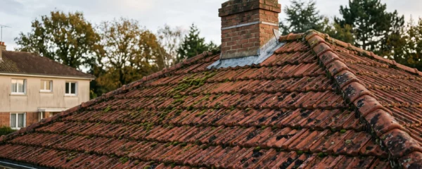 Toiture en tuiles mécaniques rouges présentant des traces vertes de mousses et noires de lichens, vue en contre-plongée avec cheminée en brique, dans un environnement périurbain français sous ciel nuageux.
