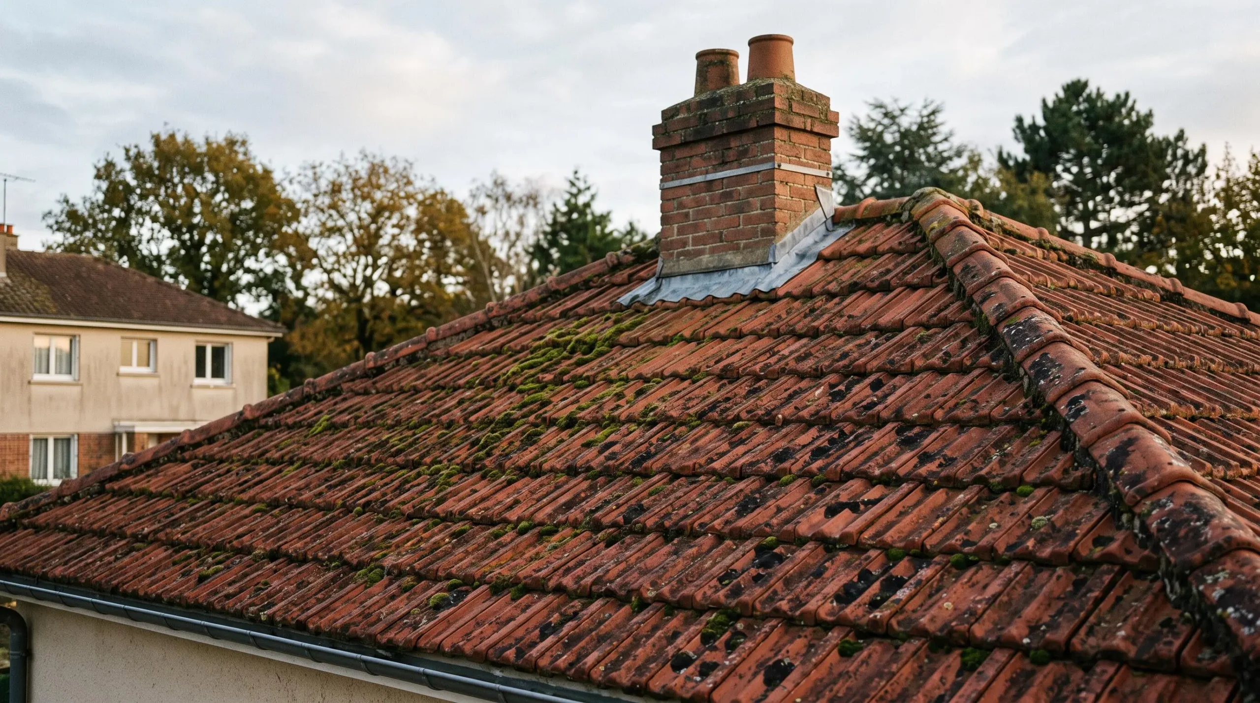 Toiture en tuiles mécaniques rouges présentant des traces vertes de mousses et noires de lichens, vue en contre-plongée avec cheminée en brique, dans un environnement périurbain français sous ciel nuageux.