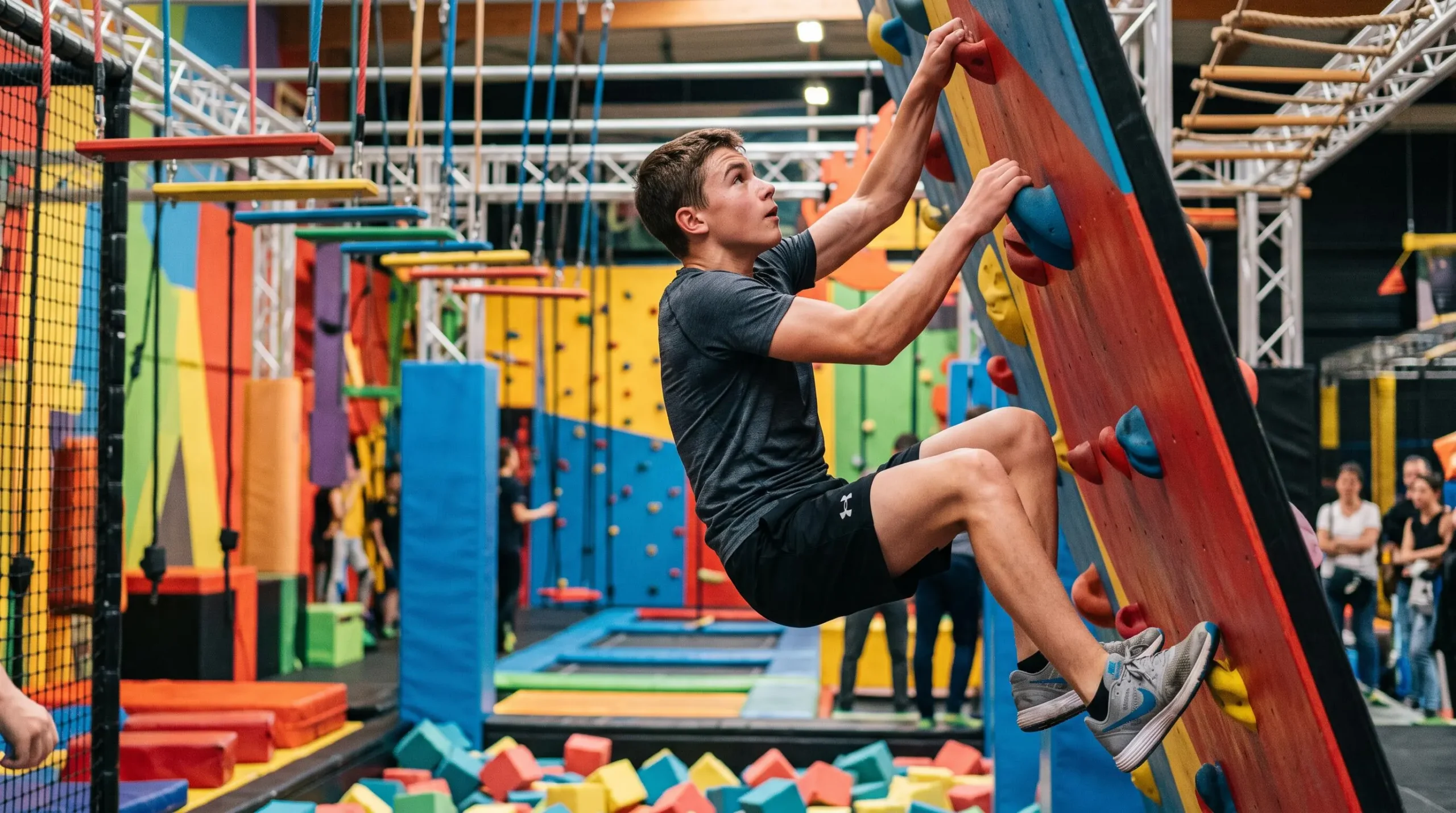 Teenage boy climbing on a Ninja-style obstacle course wall in an indoor trampoline park.