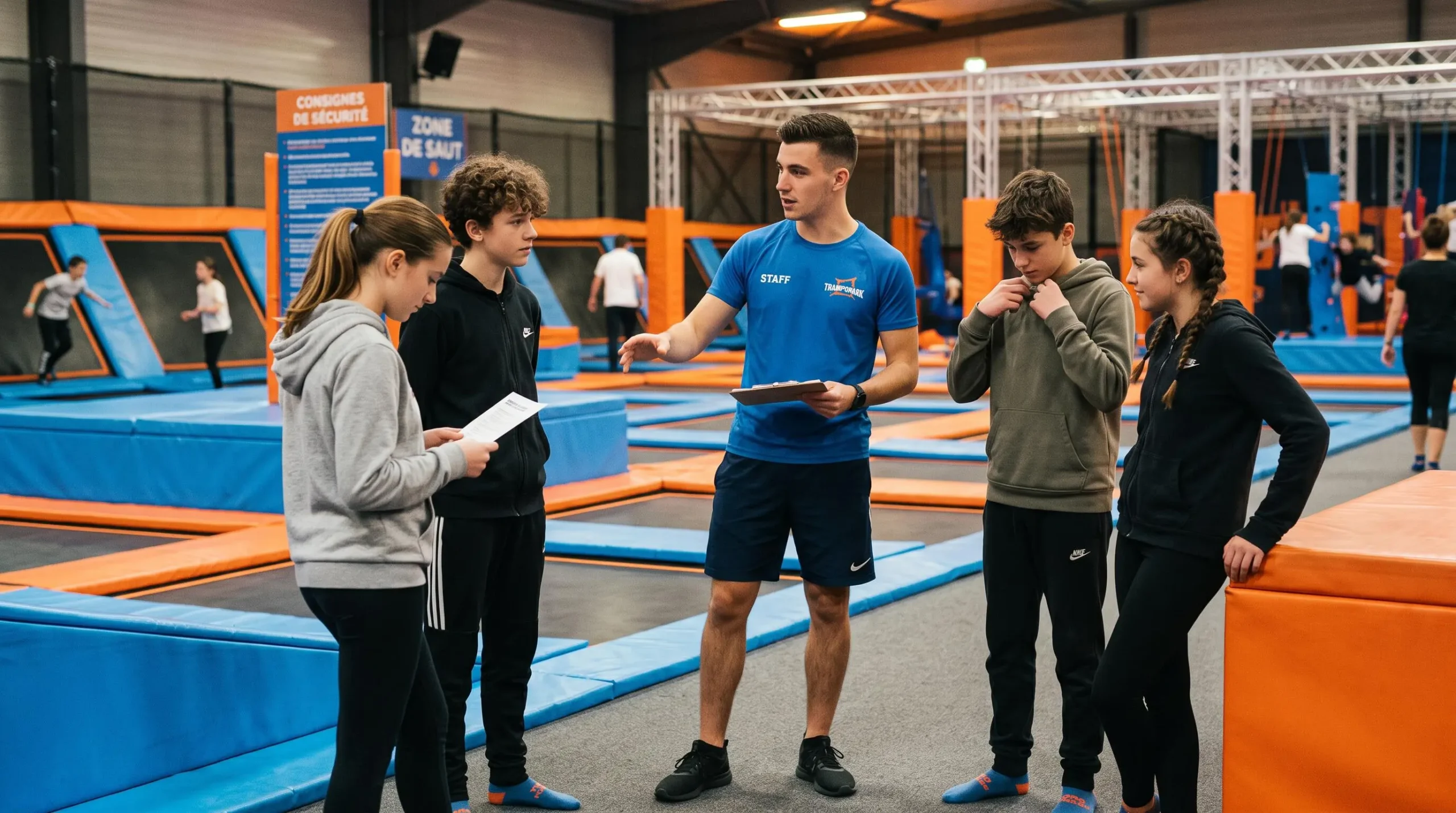 Instructor briefing a group of teenagers on safety rules in an indoor trampoline park facility.