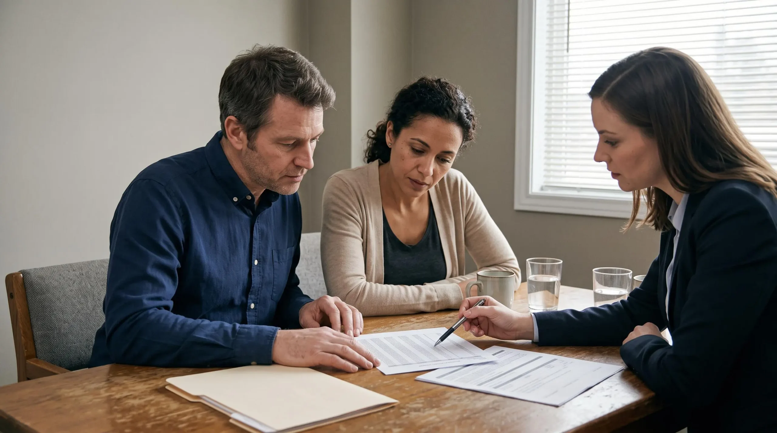 Un couple et un conseiller bancaire examinent un tableau d'amortissement posé sur une table dans un bureau de prêt.
