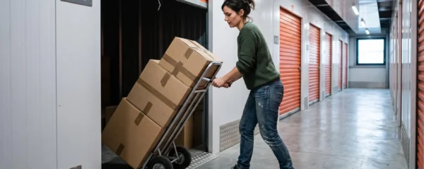 Une femme pousse un diable chargé de cartons de déménagement vers un box de self-stockage dans un couloir d'équipement.