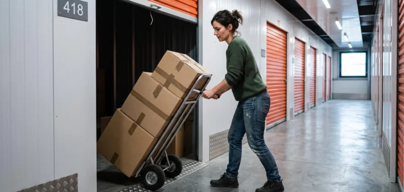 Une femme pousse un diable chargé de cartons de déménagement vers un box de self-stockage dans un couloir d'équipement.
