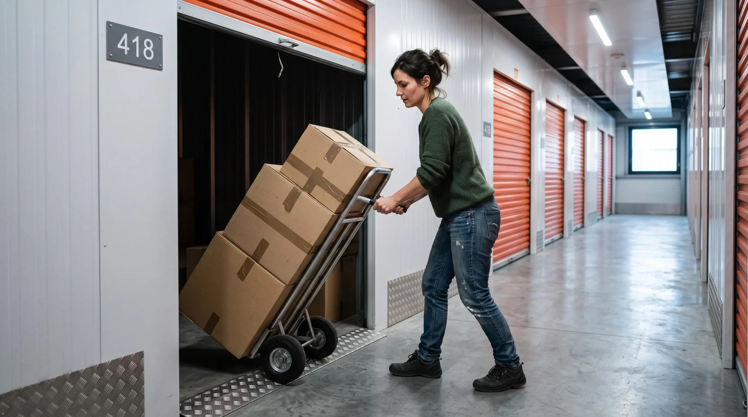 Une femme pousse un diable chargé de cartons de déménagement vers un box de self-stockage dans un couloir d'équipement.