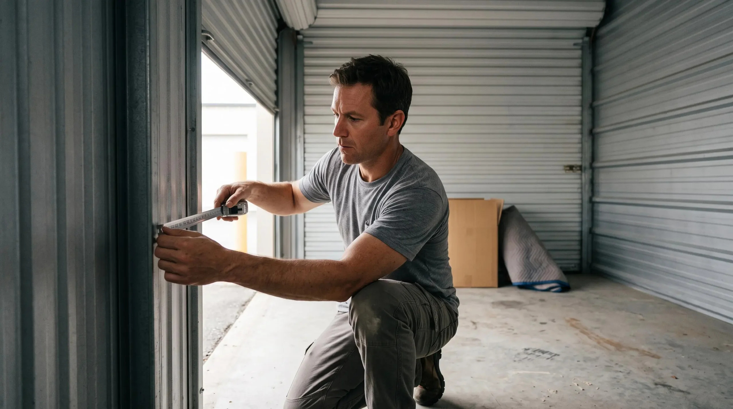 Un homme mesure la largeur intérieure d'un box de stockage vide avec un mètre ruban.