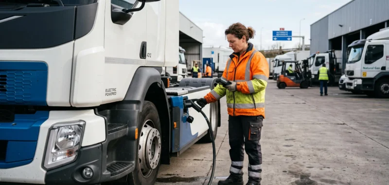 Responsable de flotte inspectant un camion électrique dans un dépôt de transport routier français avec plusieurs véhicules en arrière-plan